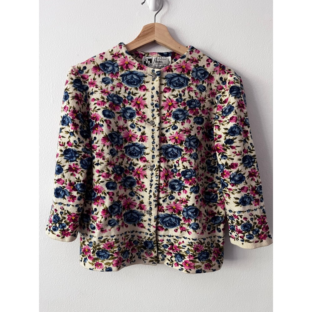 Hooper Vintage 100% Virgin Wool Cardigan Floral Print Pink Blue Crew size medium